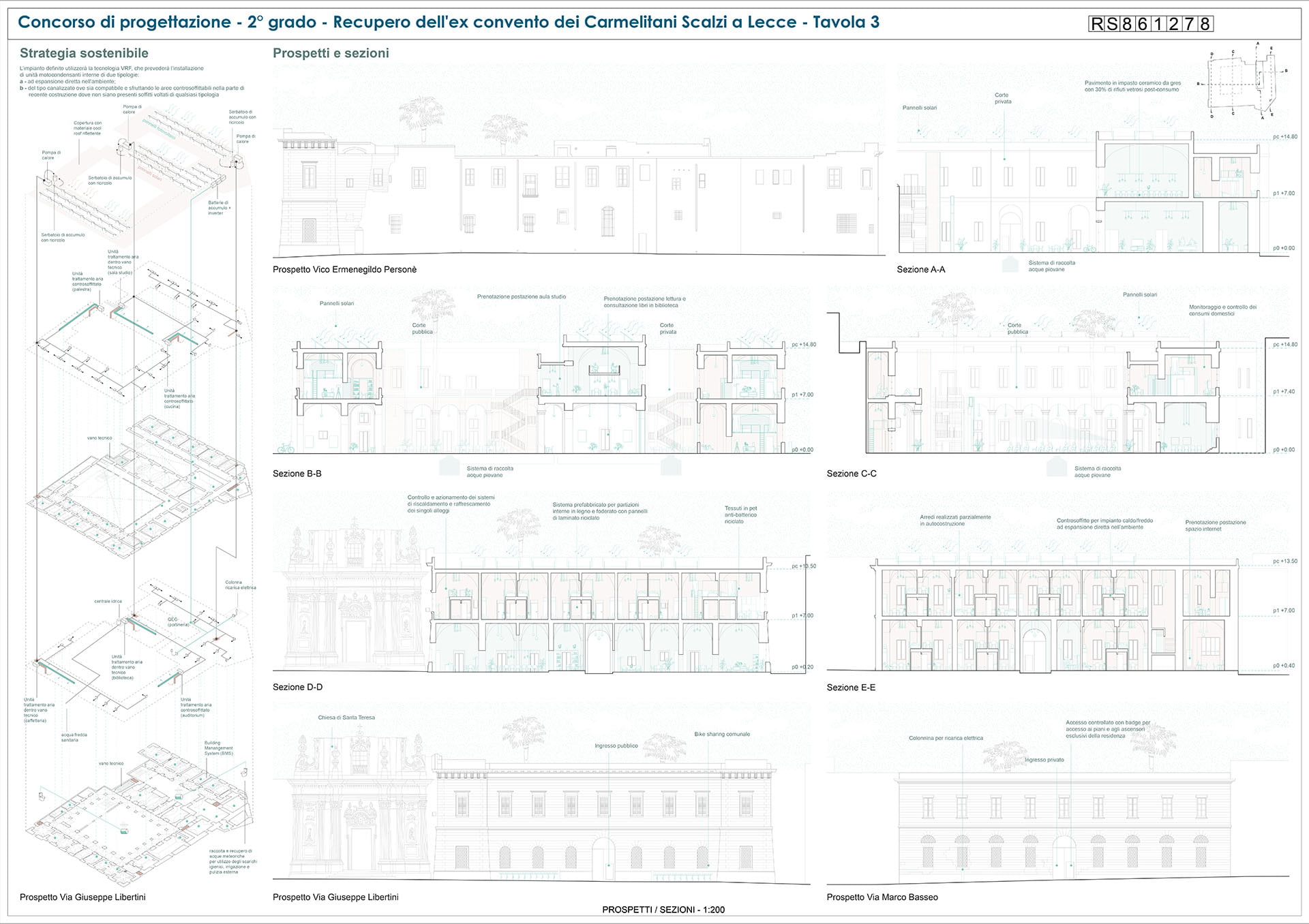 Ex convento Carmelitani Scalzi, Lecce: disegni della struttura per il concorso di progettazione (tavola 3)